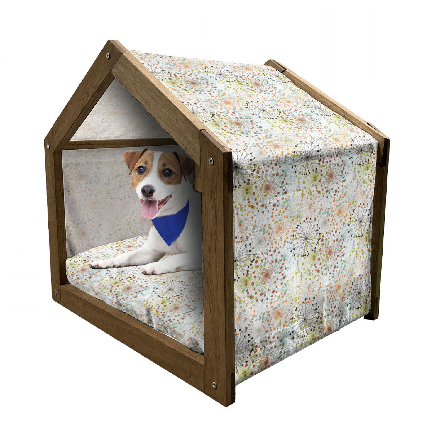Floral Patterned Wooden Dog House with Canopy and Pillow