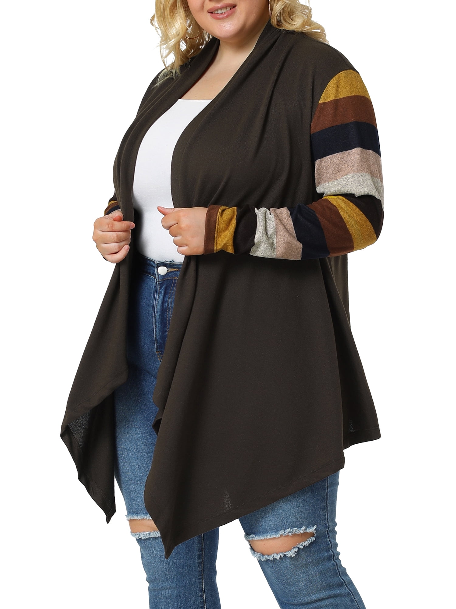 DARING DIVA Plus Size Striped Open Front Knit Cardigan Sweaters Shrugs 4X Dark Coffee