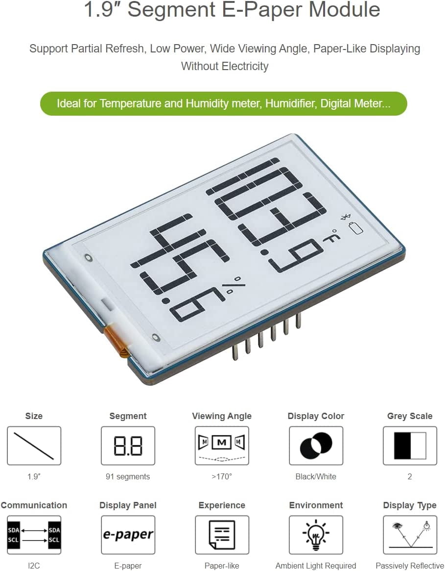 1.9inch Segment E-Paper Module 91 Segments Black/White Color epaper Display I2C Screen for /STM32/Arduino,Ideal for Temperature and Humidity Meter, Humidifier, Digital Meter