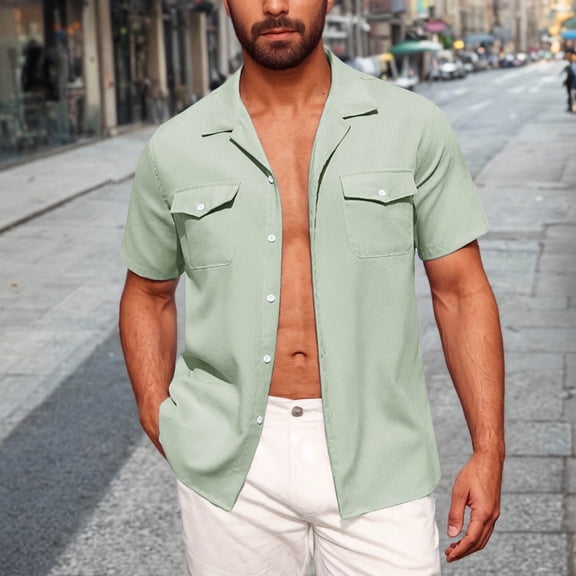 DayScoop Mens Casual Shirts Short Sleeve Shirt Solid Color Turndown Collar Fashion Beach Summer Button Up Pocket Tees Top