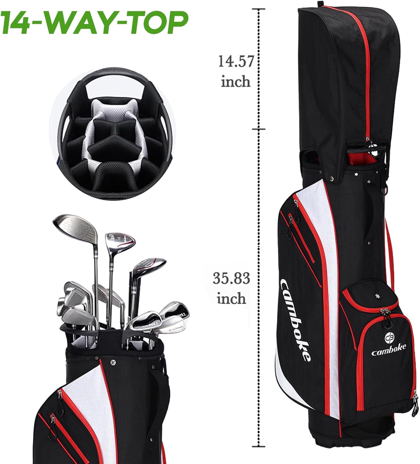 14-Way Golf Stand Bag with Full-Length Divider Top, Lightweight Premium Model for Men & Women, Equipped with Multiple Storage Pockets, Built-in Cooler Bag, Waterproof Material and Rain Hood