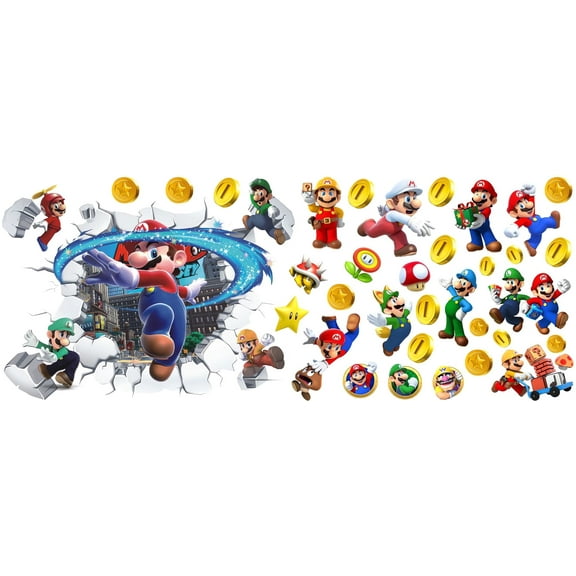Anime Mario Wall Sticker For Bedroom Living Room Nursery Party Decorations Cartoon Background Self-Adhesive Wall Decor Baby Boy Girl Kids Room Wall Mural Decor Poster Gift