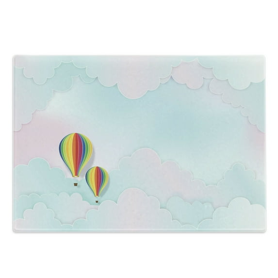 Hot Air Balloon Cutting Board, Fire Balloons on Dreamy Cotton Candy Look Clouds Sky Gradient Tones Print, Decorative Tempered Glass Cutting and Serving Board, in 3 Sizes, by Ambesonne