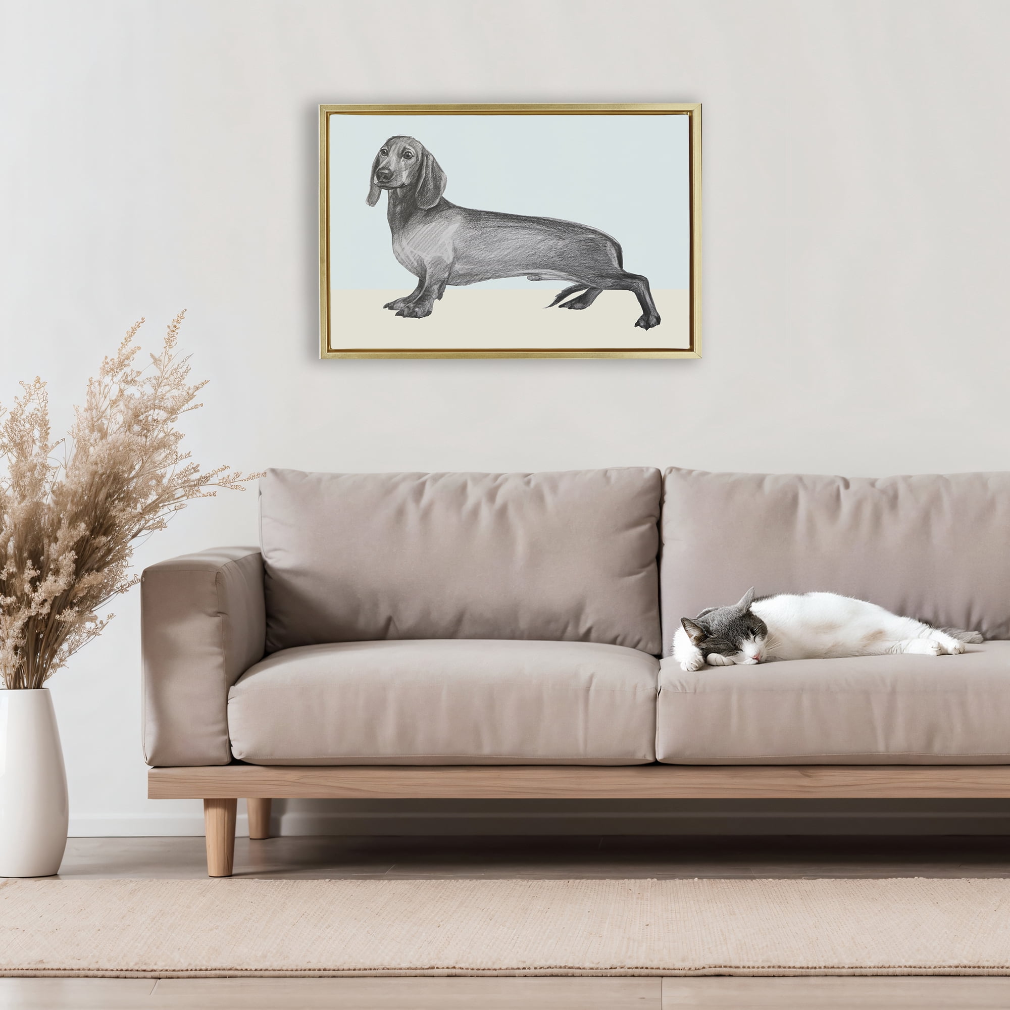 Stupell Industries Sketched Dachshund on Blue Gold Framed Floater Canvas Wall Art, design by Violeta Vollmer