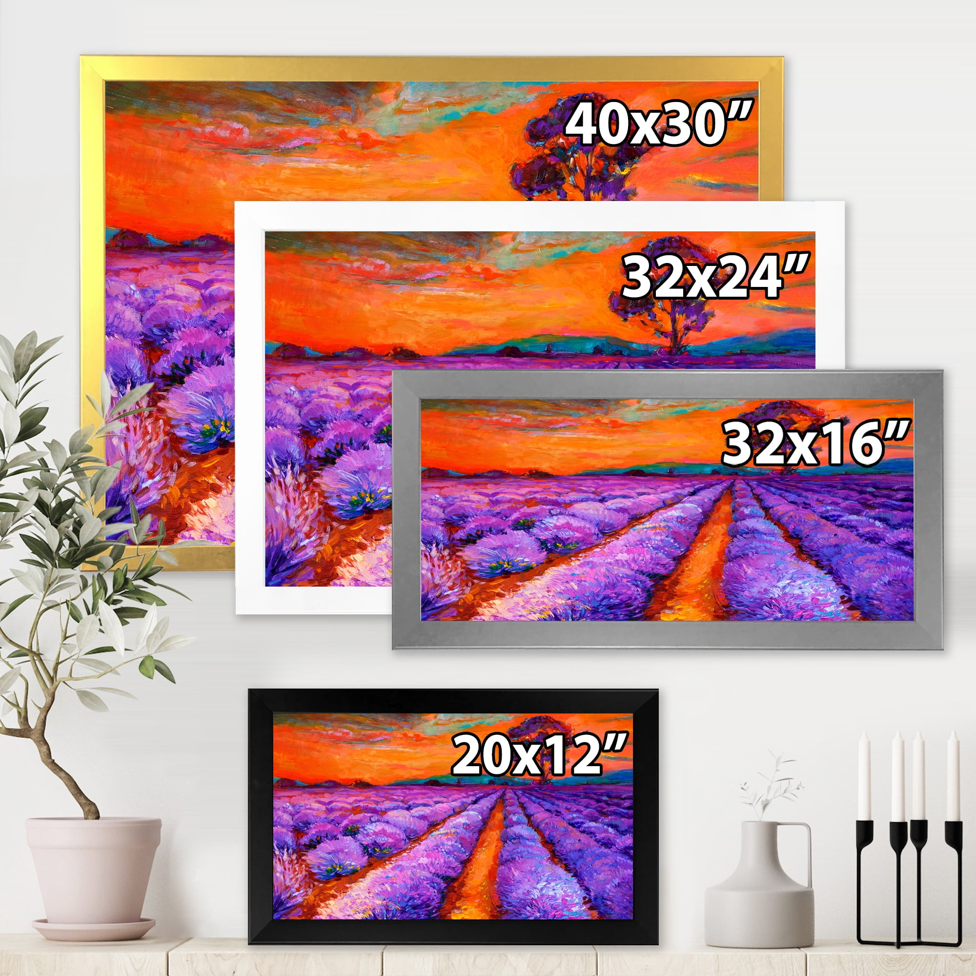 Designart 'An Orange Sunset Over Purple Lavender Fields I' Farmhouse Framed Art Print