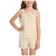 thumbnail image 4 of Faraee Girls 2 Piece Summer Shorts Sets Ruffle Sleeveless Tee Tops Elastic Waist Shorts Toddler Cotton Loose Outfit Clothes 5t 6t 7t 5-16 Years Beige, 4 of 7