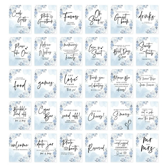 Koyal Wholesale Icy Blue Roses Wedding Signs Bundle Set for Ceremony, Reception Decor Signage, 8.5 x 11", 30-Pack