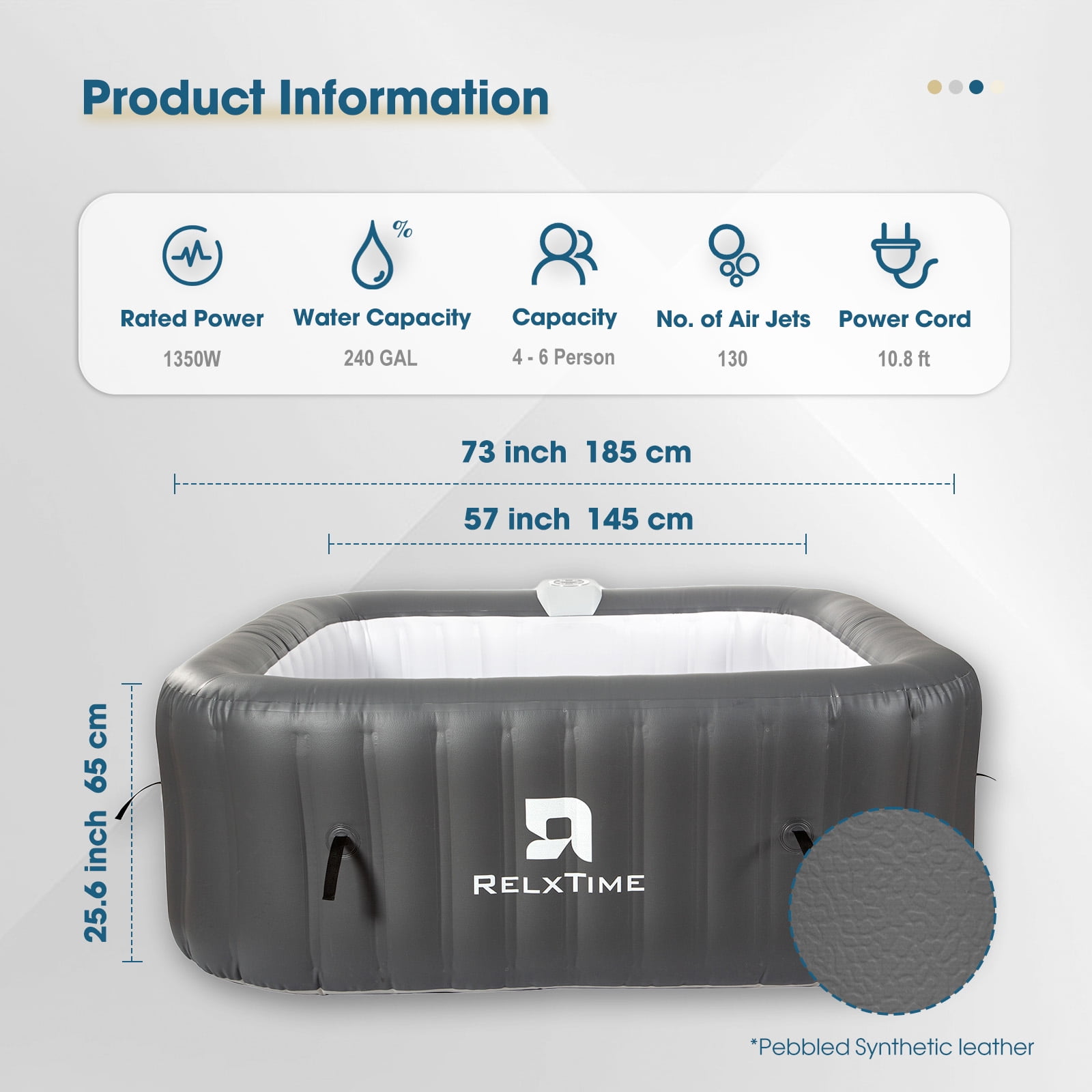 RELXTIME 73*73 inch Portable Square Inflatable Massage Pool for 4-6 People Outdoor Spa with 130 Bubbling Massage Jets, Built-in Heating Pump with Two Cartridges, Gray