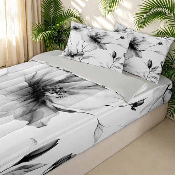 Erosebridal Gray Magnolia Zipper Twin Comforter Sets with Fitted Sheet and 2 Pillowcases for Girls, Watercolor Floral Plant Zipper Bedding Set, Gray Reversible, 4pcs