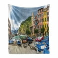thumbnail image 1 of Vernazza Soft Flannel Fleece Throw Blanket, Panoramic View of Italian Village Houses Boat and Historic Buildings, Cozy Plush for Indoor and Outdoor Use, 70" x 90", Multicolor, by Ambesonne, 1 of 6