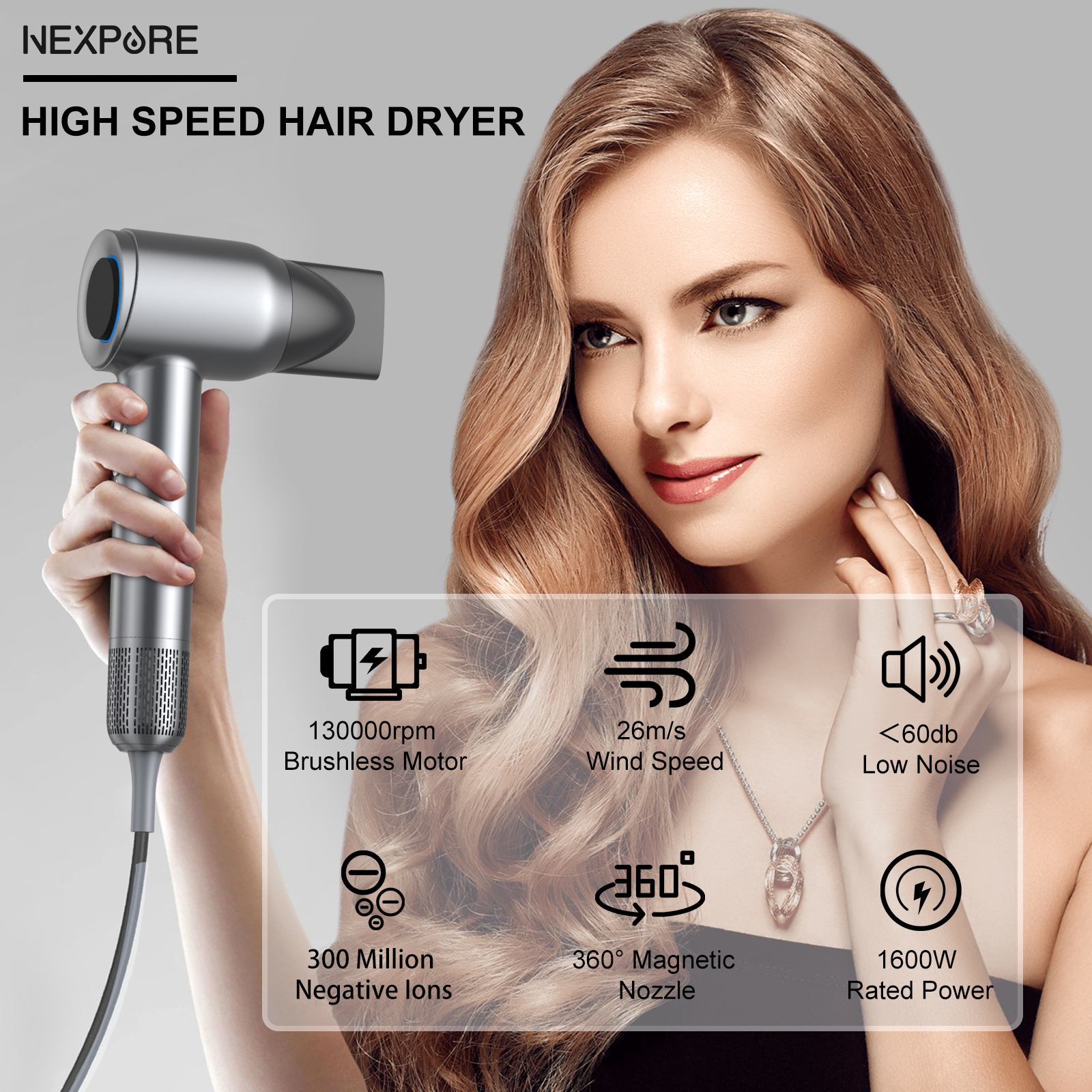 Nexpure Hair Dryer 130000rpm High Speed Negative Ion Hair Dryer Fast Drying Low Noise Metal 1767