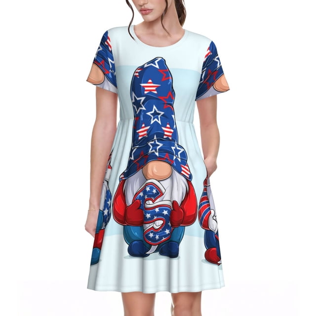 Disketp Cute Gnomes in USA1 para Vestido de Manga Corta para Mujeres, Vestidos de Verano para Mujeres, Casual y Holgado para la Playa