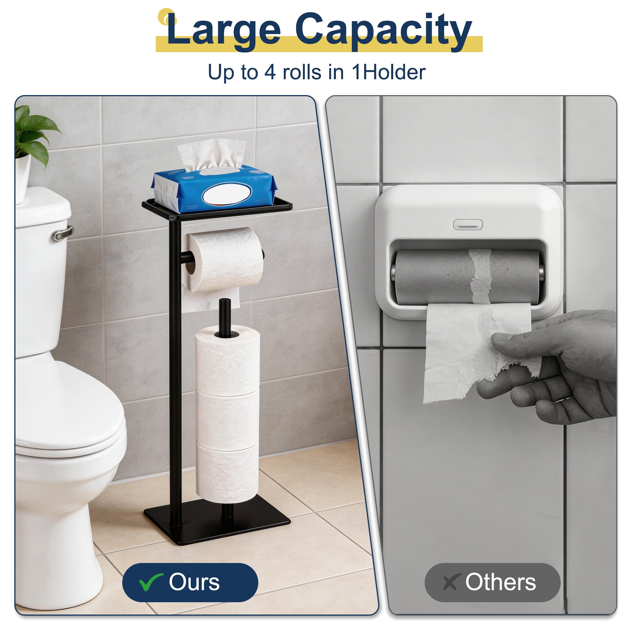 Toilet Paper Holder Stand, Toilet Paper Holder with Top Storage Shelf, Black Freestanding Toilet Paper Holder, Bathroom Storage Organizer for 4 Reserve Rolls Space-Saving