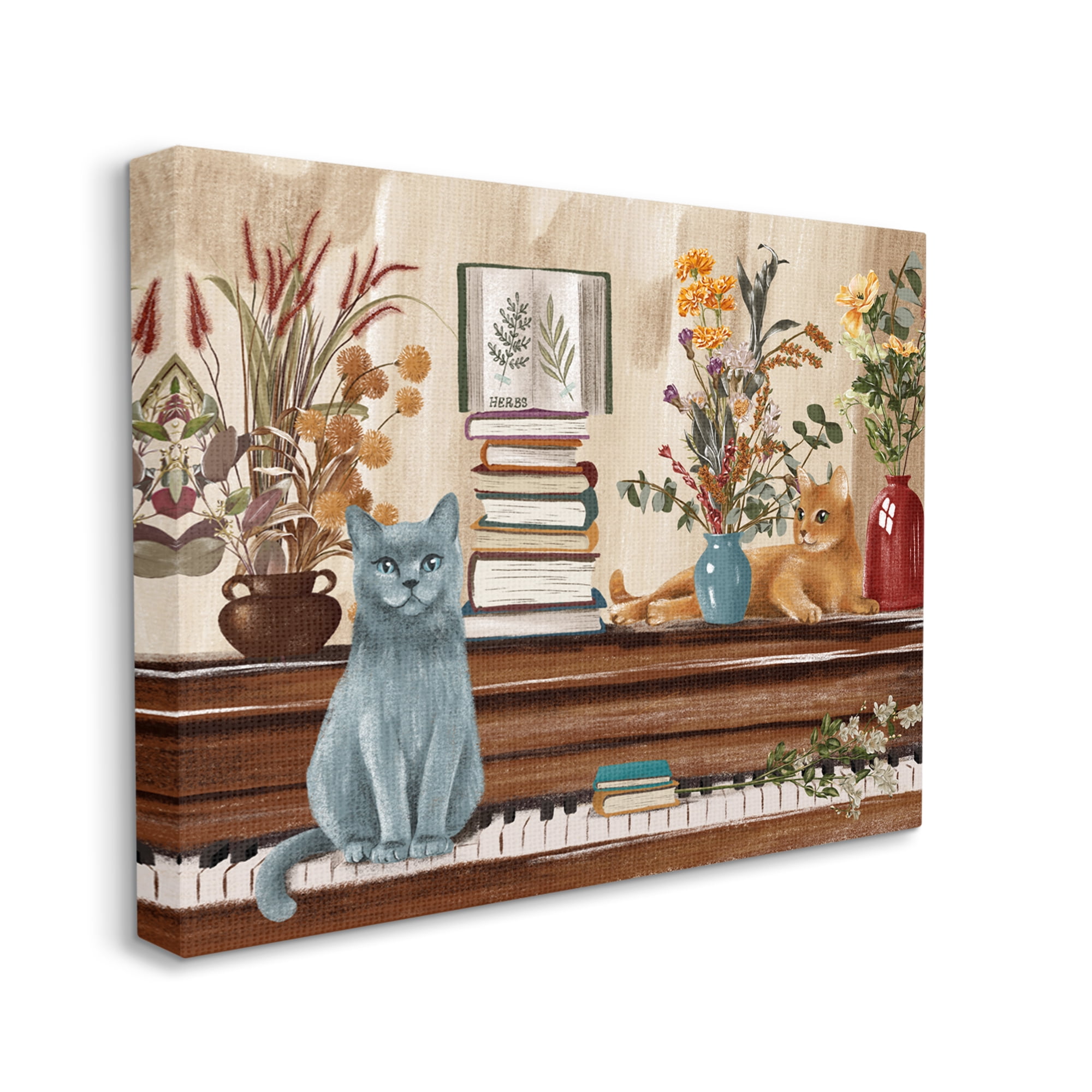 Stupell Industries Cats & Books on Piano Animals & Insects Painting Gallery Wrapped Canvas Art Print Wall Art, 48 x 36