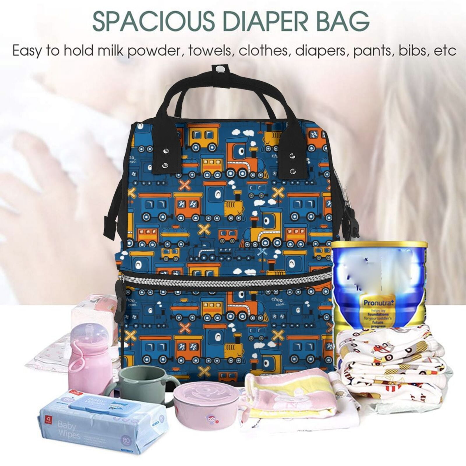 Ratiio Funny Steam Train Mummy Backpack - Waterproof Twill Canvas, Large Capacity Diaper Bag with Multiple Pockets and Adjustable Straps