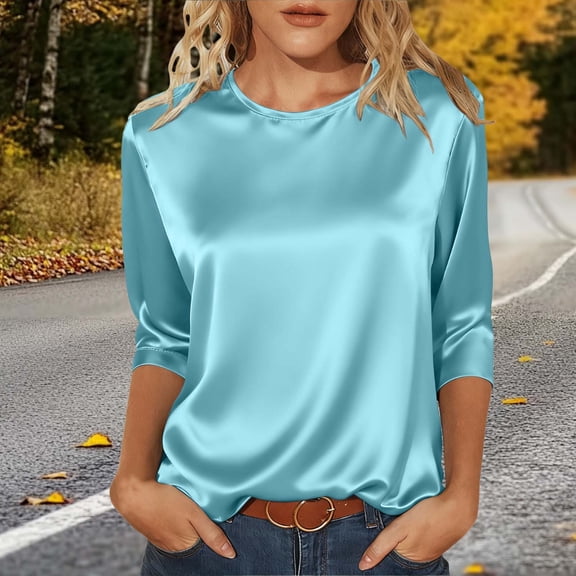 Gamivast Silk Shirts for Women Dressy Casual 3/4 Sleeve Satin Blouse Trendy Crew Neck Work Office Tops Loose Fitted Solid Color Spring Outfits 2026