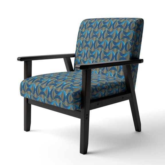 Designart "Geometric Abstract Waves In Gold And Marine Blue" Upholstered Mid-Century Accent Chair - Arm Chair