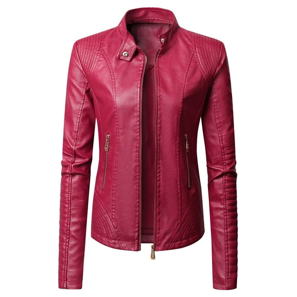 Lovskoo Women Faux Leather Jacket Moto Biker Coat Trendy Jacket Solid Long Sleeve Zipper Pocket Outerwear Tops Short Coat Burgundy