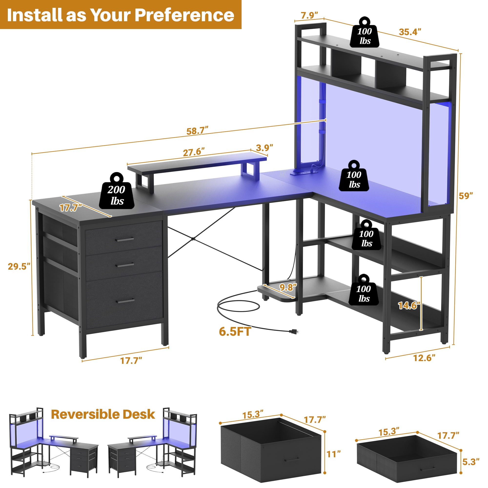 iSunirm L Shaped Gaming Desk with Storage, Computer Gaming Desk with LED Lights & Hutch, Reversible Computer Desk with Power Outlet, Corner Desk with Drawers, Shelves for Home, Black