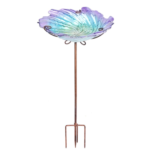 Bañera de vidrio para pájaros MUMTOP Outdoor con estaca de metal, color morado, 66 cm
