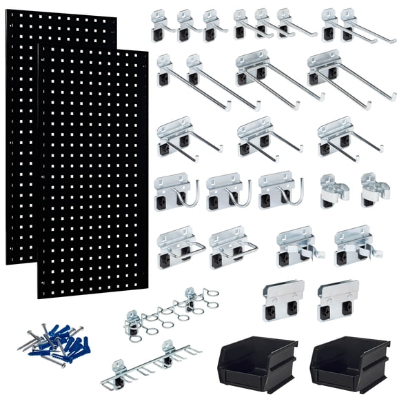 Triton Products® LB18-BKKit (2) 18 In. W x 36 In. H x 9/16 In. D Black Steel Pegboards with 30 pc. LocHook Assortment & Hanging Bin System