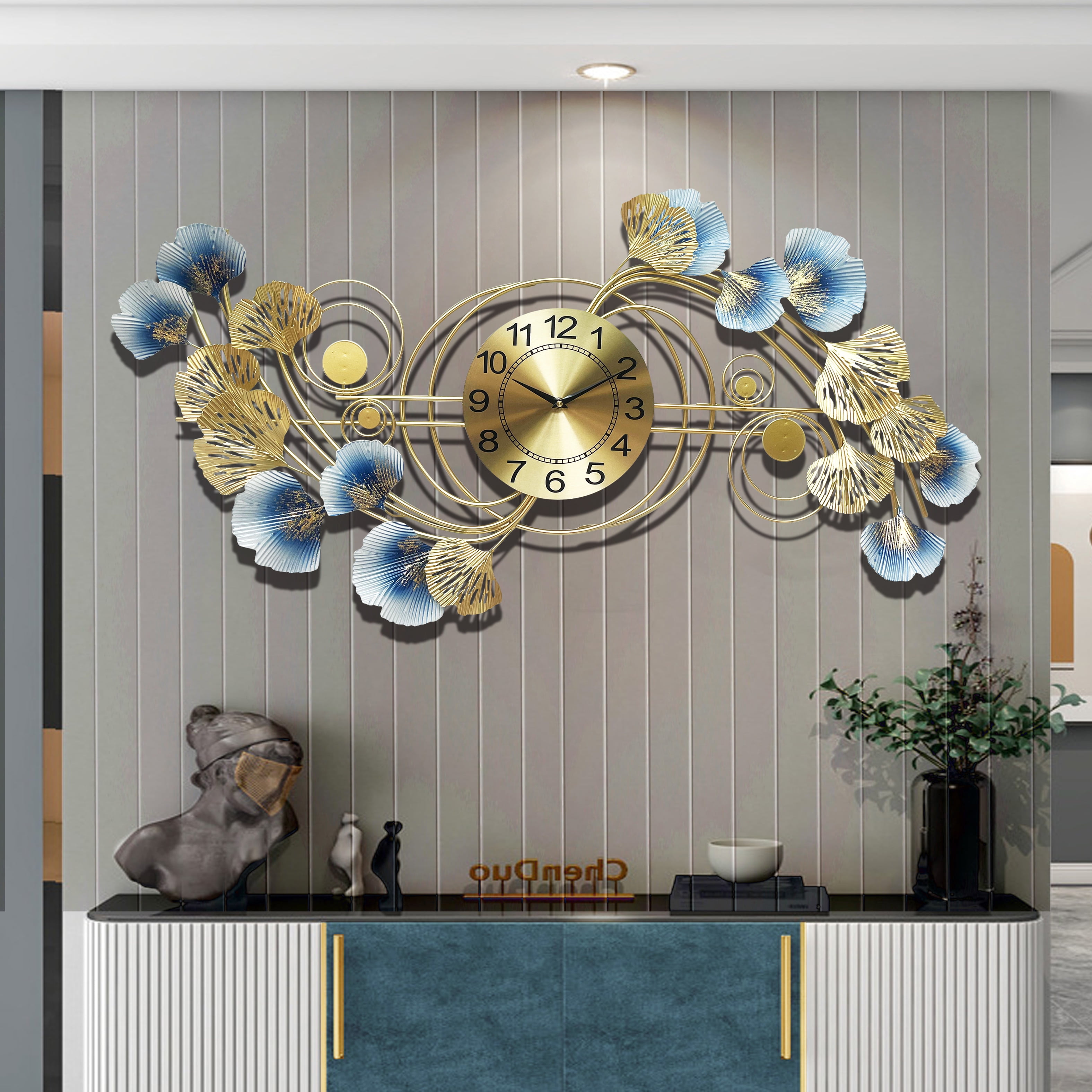 Wall Clocks for Living Room Decor,Large Wall Clock,3D Creative Metal Ginkgo Leaf Design,with Silent Movement Wall Clocks for Home Wall Decor Clock, 17.5 x 33.5 inch