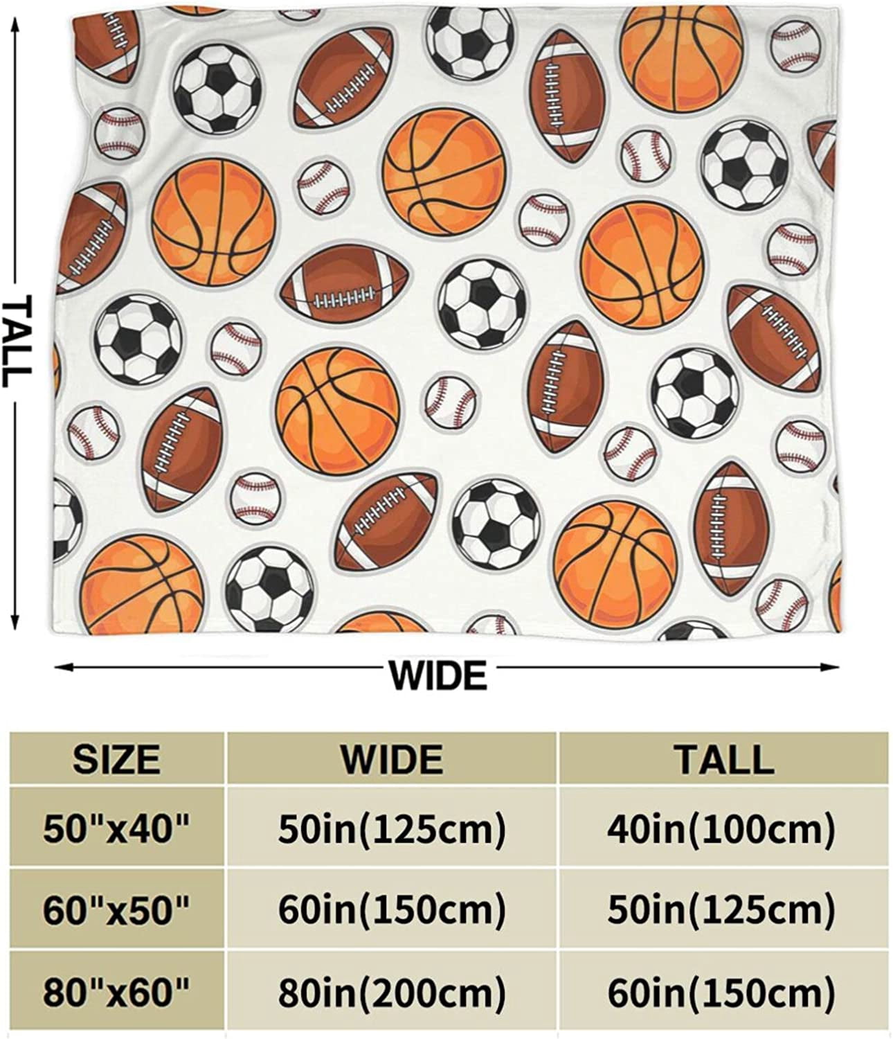 Sports Ball Blanket Basketball Baseball Football Soccer Throw Blanket Warm Cozy Fleece Sports Gifts Blanket for Boys Girls Kids Teens Fans 50"X60"
