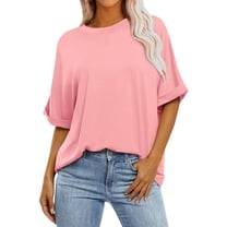 Besolor Short Sleeve Shirts for Women Summer Casual Crewneck Loose Tops Solid Color Oversized Tees Outfits