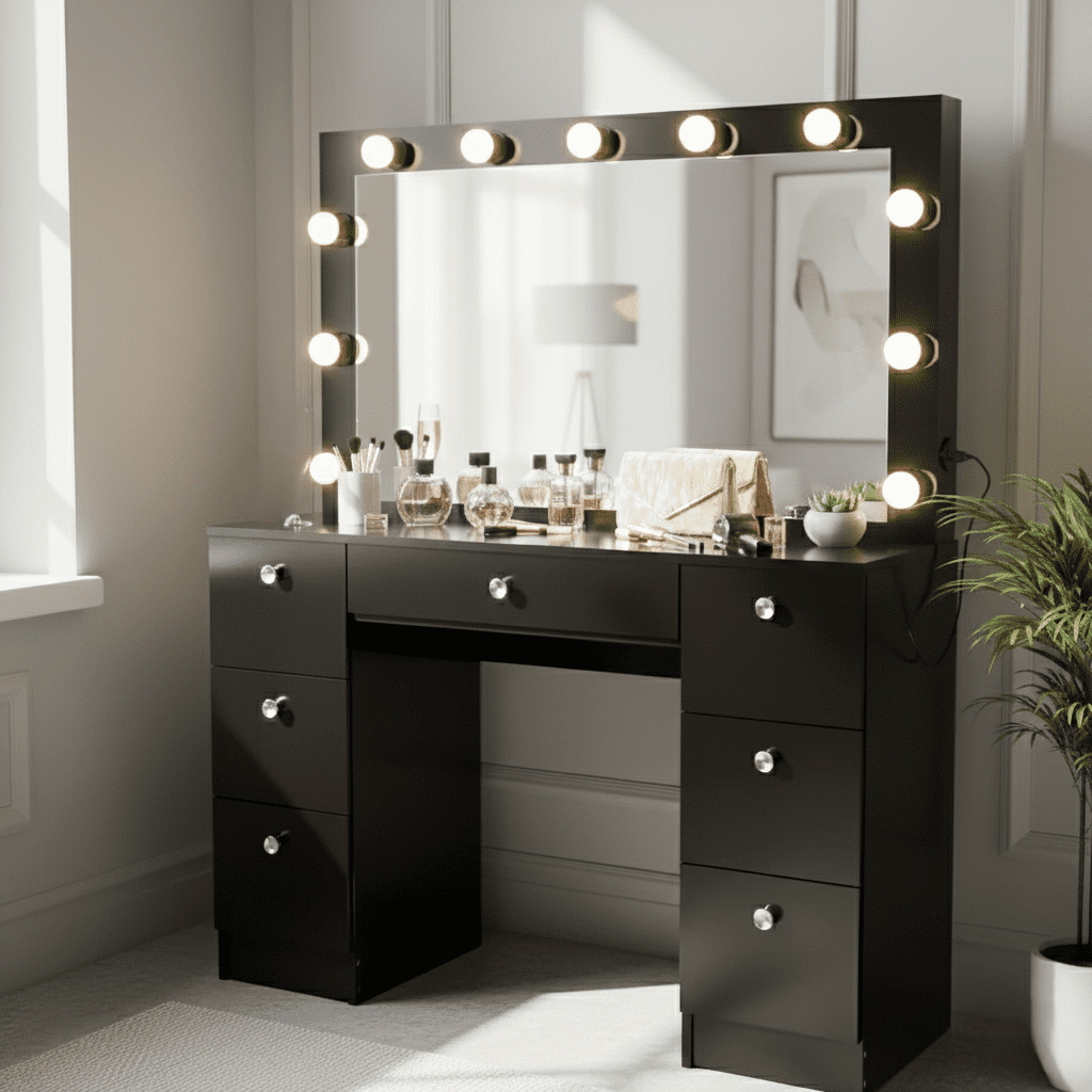 Ember Interiors Pam Black Makeup Vanity Desk with Mirror, Lights and Charging Station