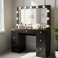 thumbnail image 3 of Ember Interiors Pam Black Makeup Vanity Desk with Mirror, Lights and Charging Station, 3 of 6