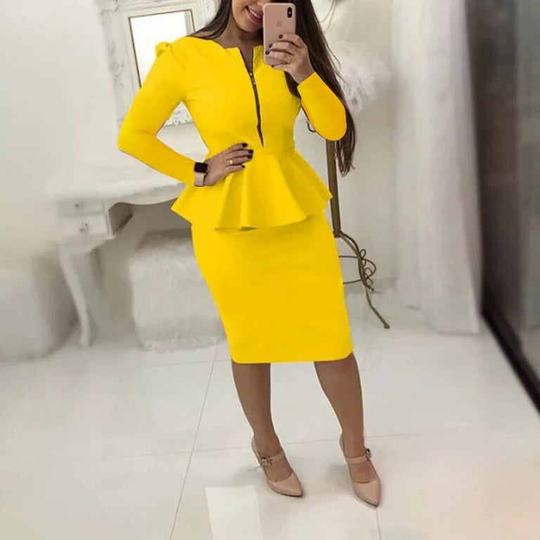 Women s Fashion Peplum Slim Fitted Long Sleeve Work Dresses Zip up