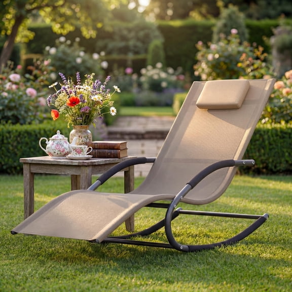 Outdoor Rocking Lounge Chair,S-Shape Patio Recliner with Breathable Textilene Fabric & Adjustable Pillow,300 lbs, Perfect for Poolside, Backyard, Garden