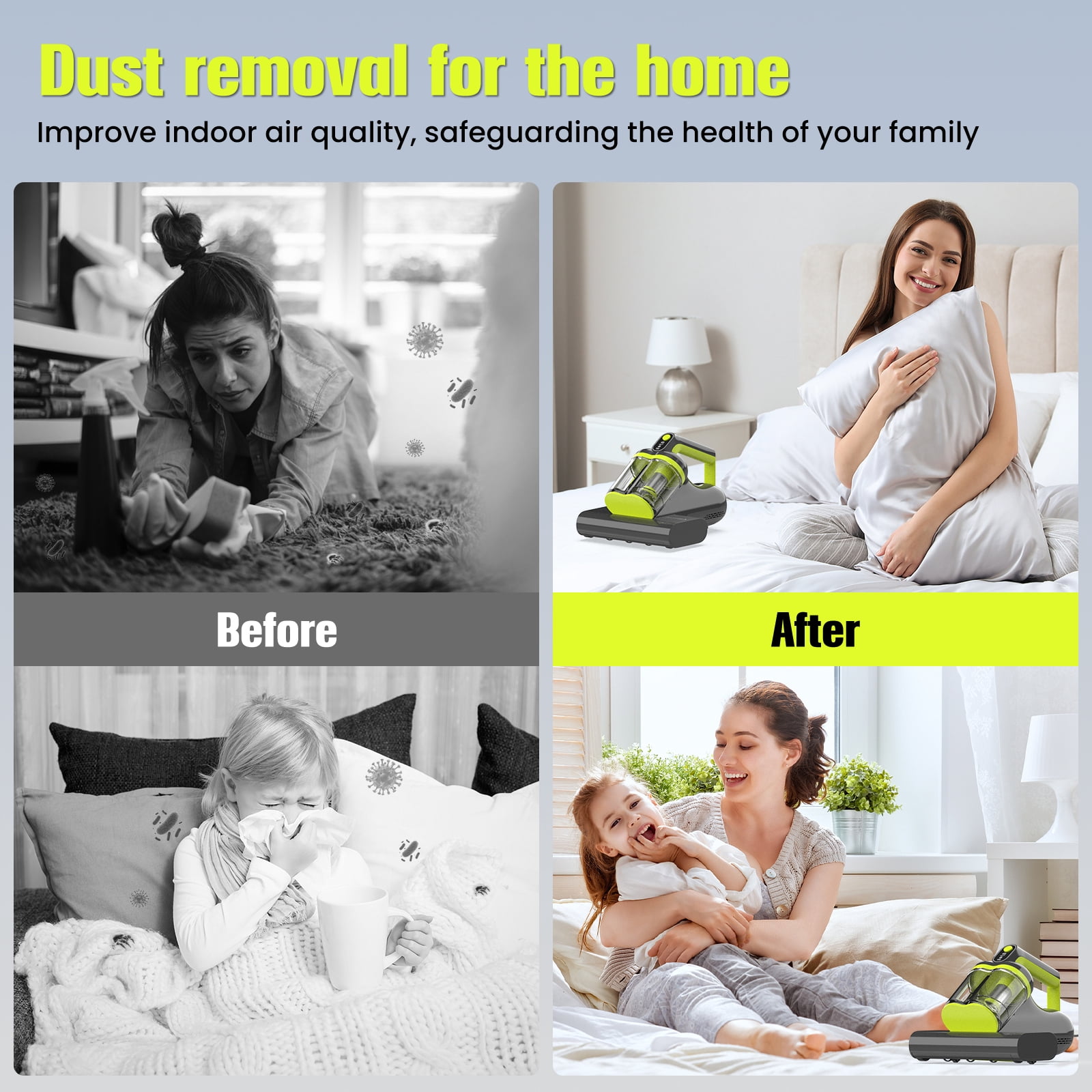 Mattress Vacuum Cleaner, 15Kpa Powerful Suction Bed Vacuum Cleaner with 273nm UV-C Lamp, 140°F Heating Function, Ultrasonic High Impact, with HEPA Filter