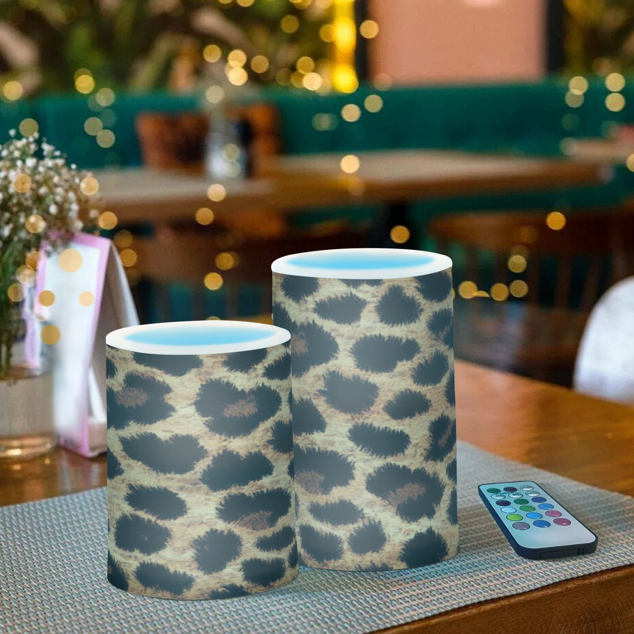 2 PCS Flameless Candles with Remote Timer LED Battery Operated Flickering Candle Light for Wedding Table Home Decoration Gifts Leopard Print Fabric Texture