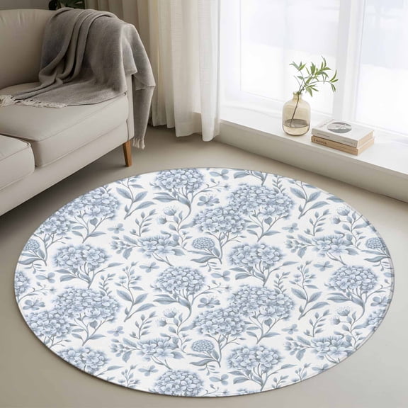 Blue Flower Round Area Rug 4 FT, Non Slip Indoor Outdoor Rug, Botanical Floral Vintage Wildflower Leaf Washable Soft Circular Carpet Non-Shedding Floor Mat for Coffee Table Nursery Foyer Balcony