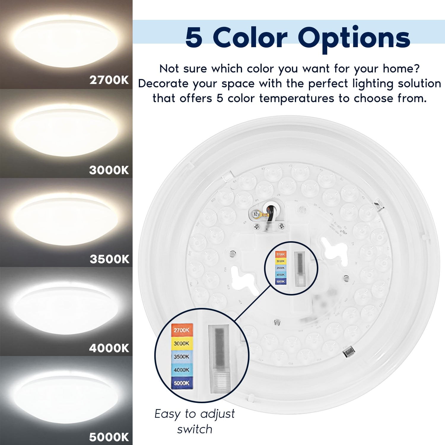 Luxrite 11 Inch LED Flush Mount Ceiling Light, 20W, 5 CCT Color Selectable, 1500 Lumens, Dimmable, Damp Rated, ETL Listed