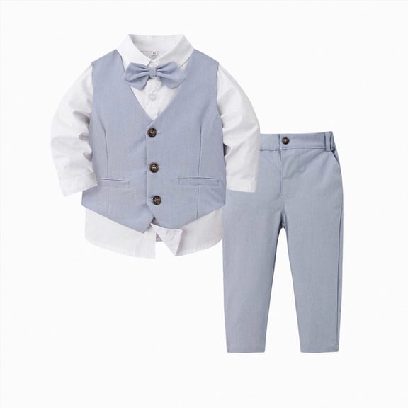 Kakishop Baby Boys Gentleman Bowtie Formal Outfit Suits Tuxedo Vest Wedding Party Suit (Light Blue,3-4 Years)