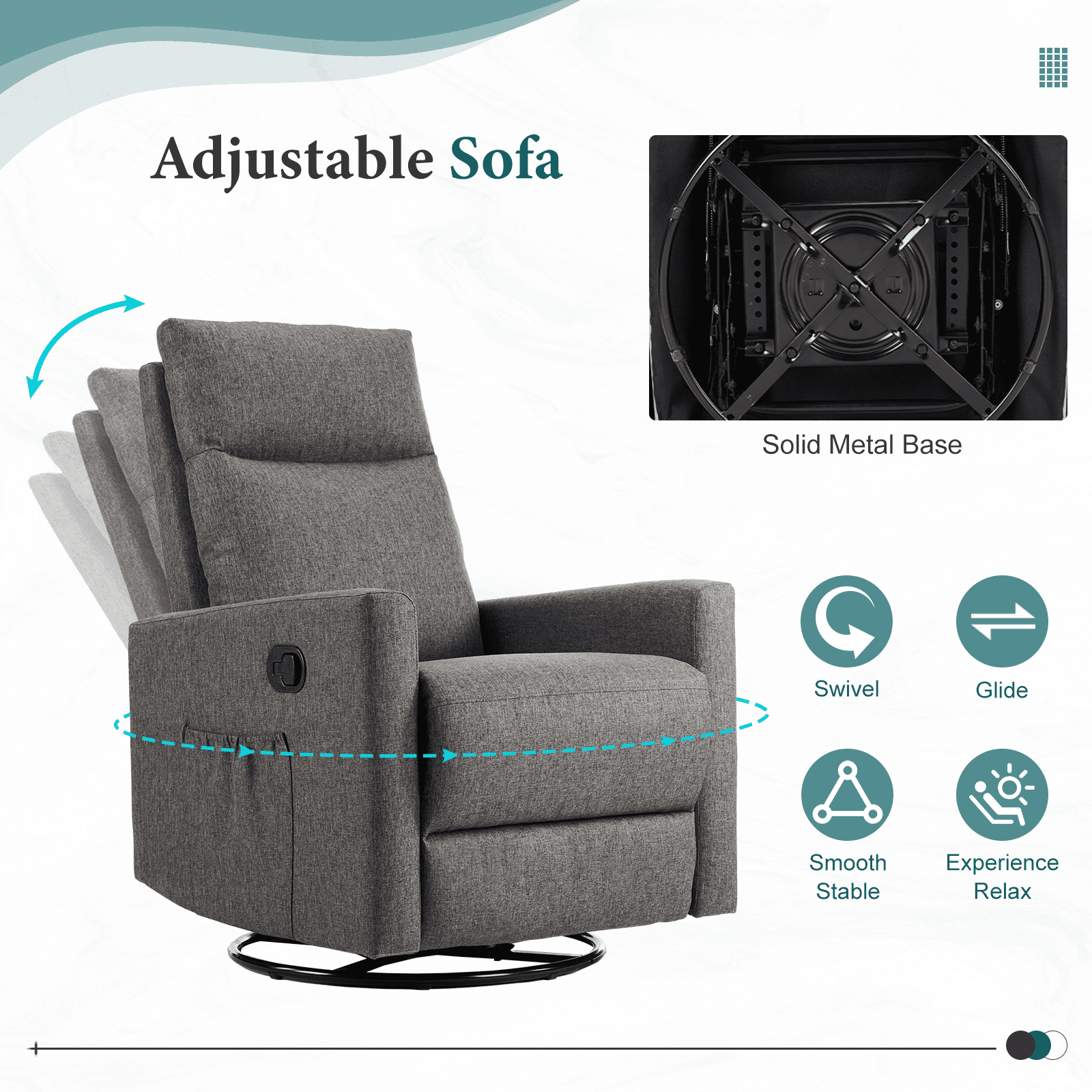 MAYEERTY 360° Swivel Rocking Recliner Chair, 95-160° Adjustable Backrest Linen Nursery Glider with Metal Base, 250lbs Capacity Easy Assembly