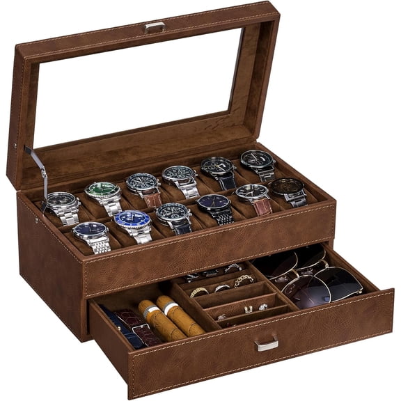 Watch Box for Men, 12-Slot Watch Case, 2-Layer Watch Case With Drawer, Mens Jewelry Box with Large Glass Lid, Watch Display Case Watch Holder Organizer Watch Storage for Men Women Espresso