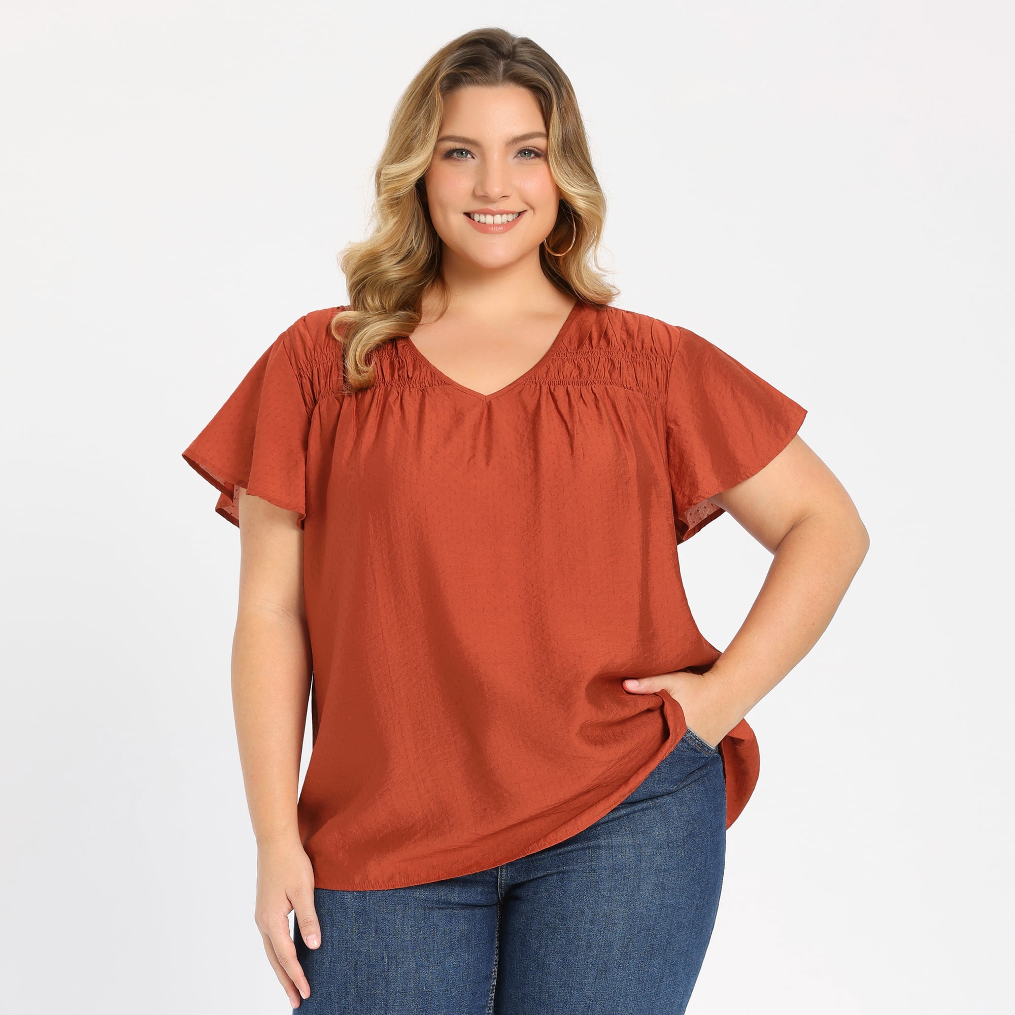 DARING DIVA Women's Plus V Neck and Ruffle Sleeve Casual Summer Wear 2X Orange Red