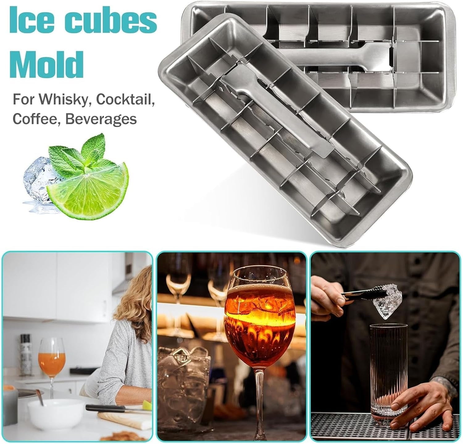 Topboutique Ice Cube Tray 18 Slot Ice Cube Maker with Easy Release Handle Stainless Steel Ice Cube Tray Dishwasher Safe for Bars, Kitchens & Frozen Foods,1 Pc