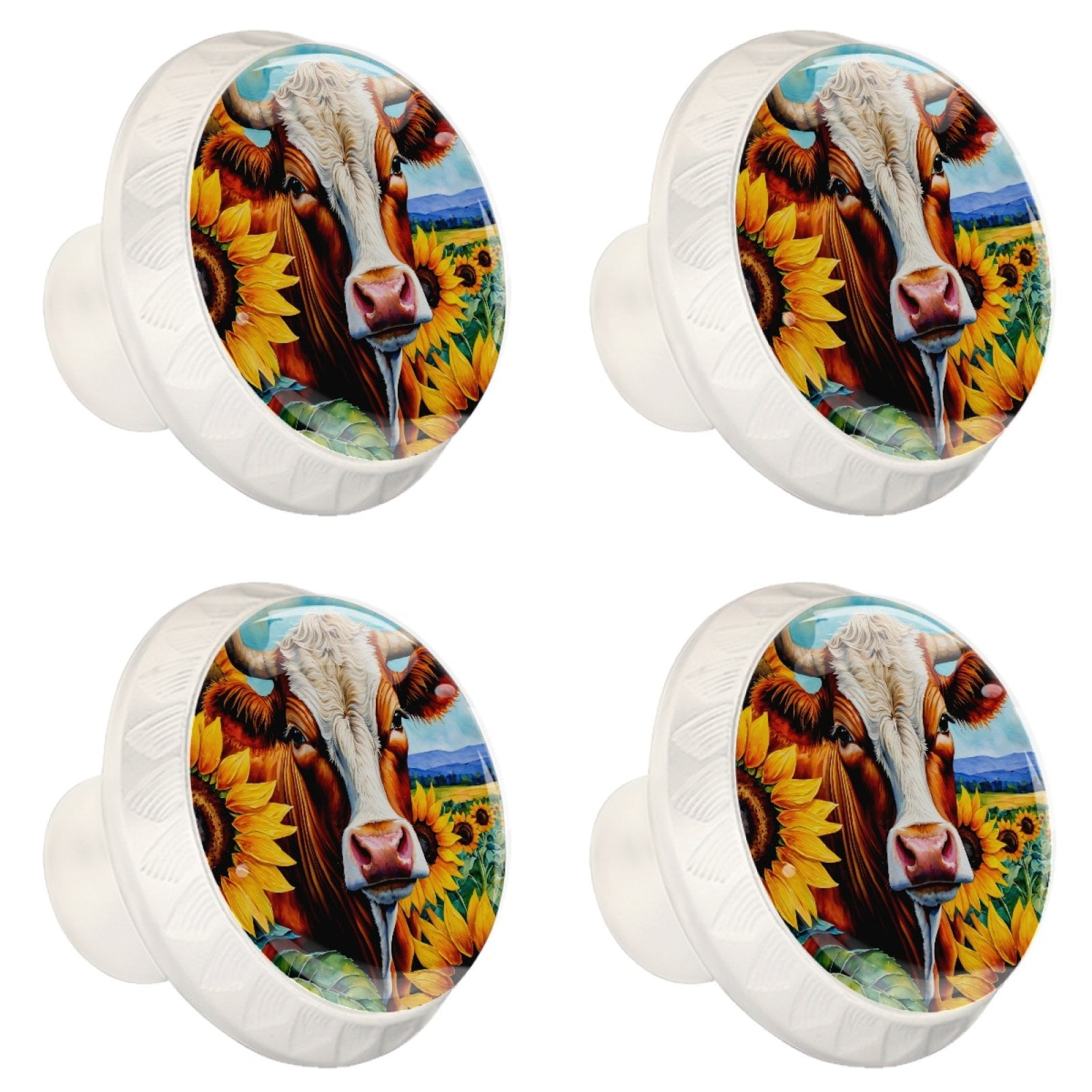 4 Pcs Cow and Sunflower Knobs for Kitchen Cabinet Cupboard Dresser Bookcase Drawer Pulls Handles Round Home Decor