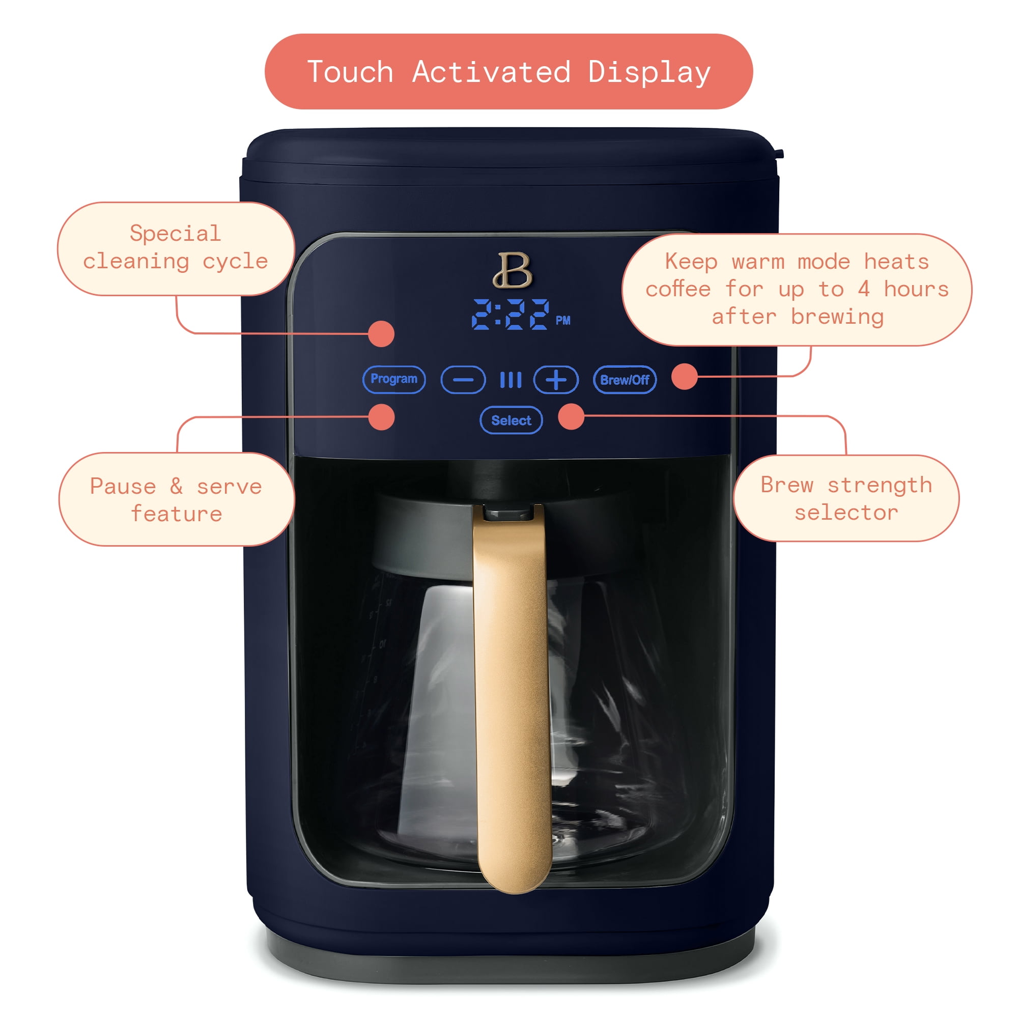 Beautiful 14-Cup Programmable Drip Coffee Maker with Touch-Activated Display, Starry Night by Drew Barrymore, Blue