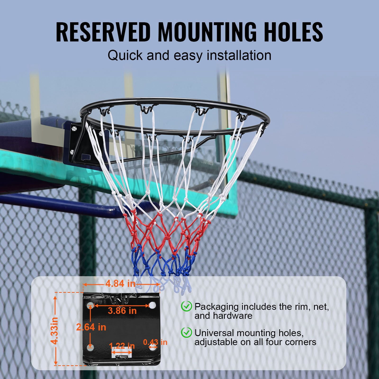 Wall-Mounted Basketball Rim, 18" Standard Flex Goal with Net and Double Spring, Indoor Outdoor