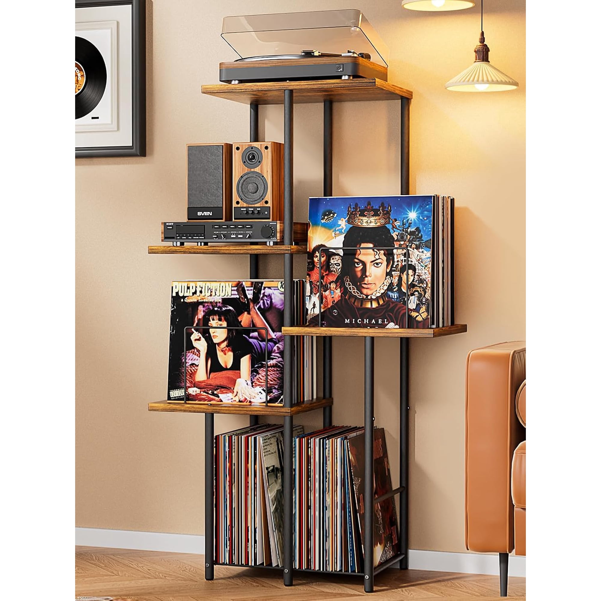 Record Player Stand Vinyl Record Storage Holder with Display Shelf Turntable Stand Table with Vinyl Organizer Dividers Album Rack Vintage Style Record Cabinet Wood Mid Century Modern Tall Console