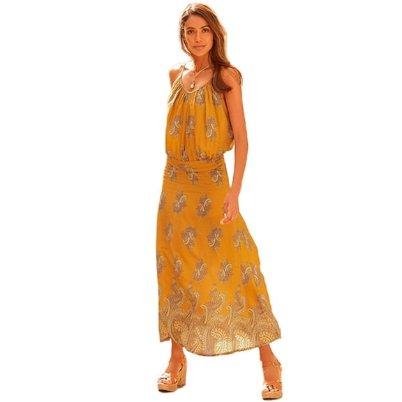 LASCANA Women's Paisley Print Maxi Dress Shirring