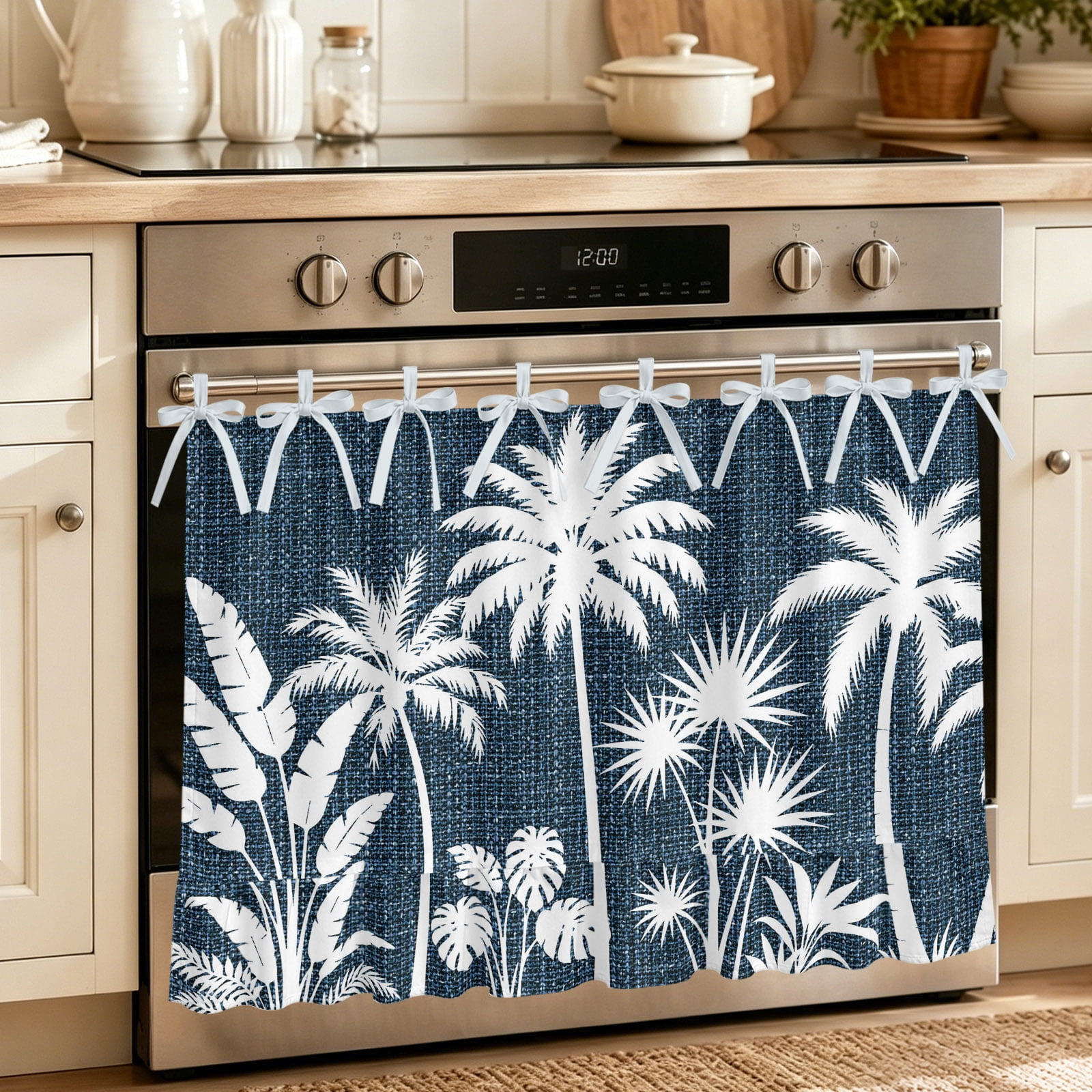Oven Skirt Curtain for Kitchen 20x27 Inch Navy Blue Palm Trees Oven Curtain with 8 Ribbon Ties & Ruffle Trim Stove Skirt Curtain Dishwasher for Cabinets Over Sinks Tropical Retro Summer Botanical