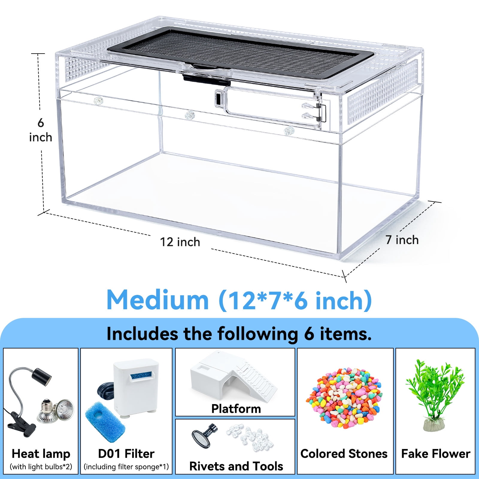 12x6x7 Turtle Starter Kit High-Definition Aquatic Turtle Tank with Heating Lamp, Filter, Advanced Ventilation & High-Temp Resistance for Turtle Terrarium Habitat