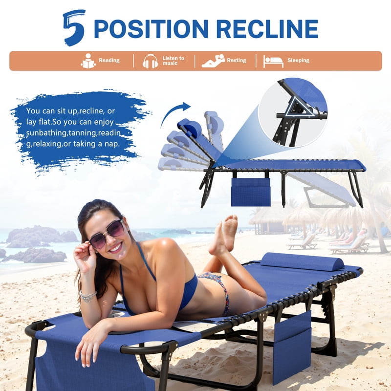 Vineego Folding Chaise Lounge Chair with Face Hole for Tanning, 5-Position Adjustable Textilene Outdoor Sunbathing Chair, Face Down Patio Pool Lounge Chair with Side Pocket & Pillow, Blue