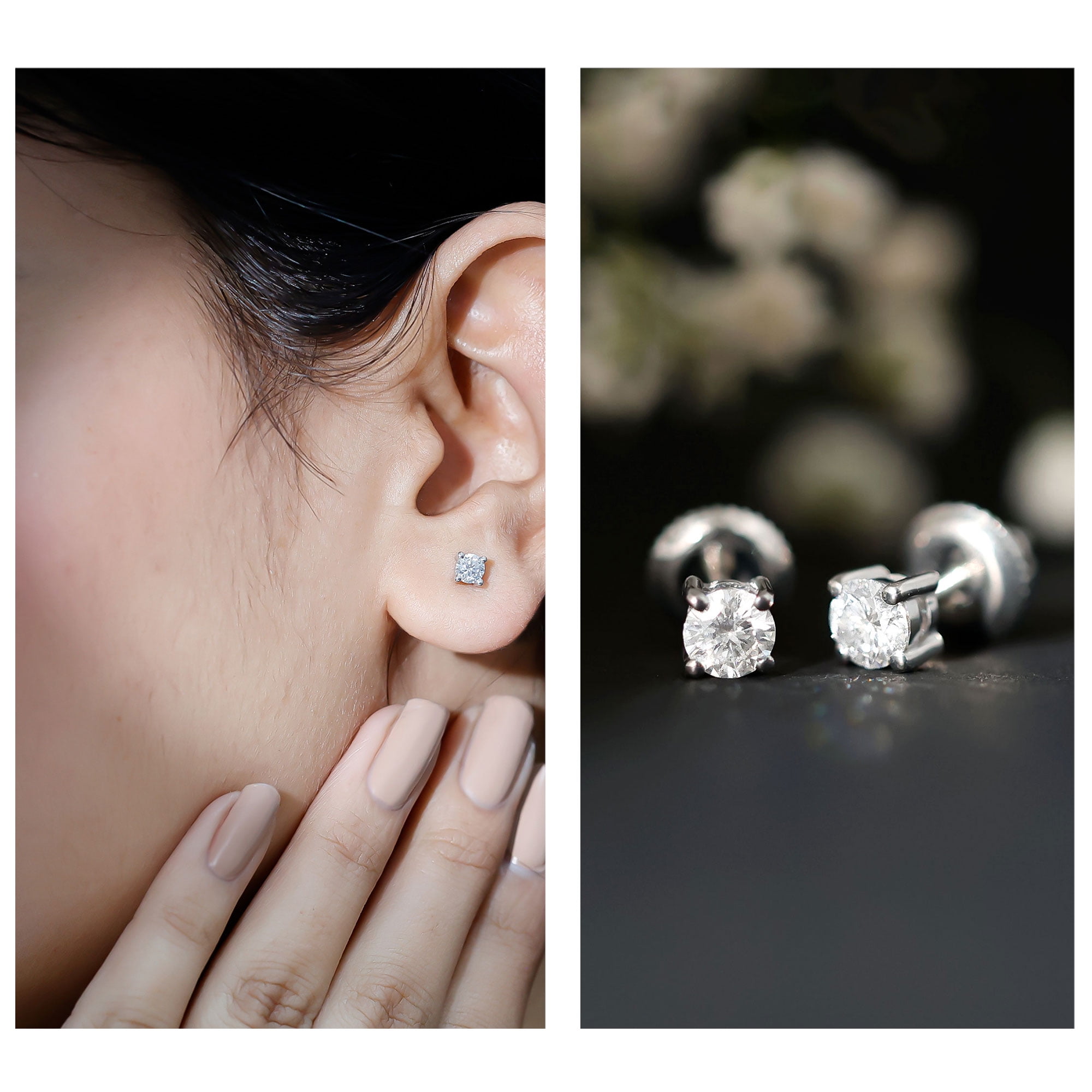 Rosec Jewels Certified Moissanite Stud Earrings in Silver - with Screw Back - 4 mm Round - D-VS1 Quality - Ready to Gift for Women